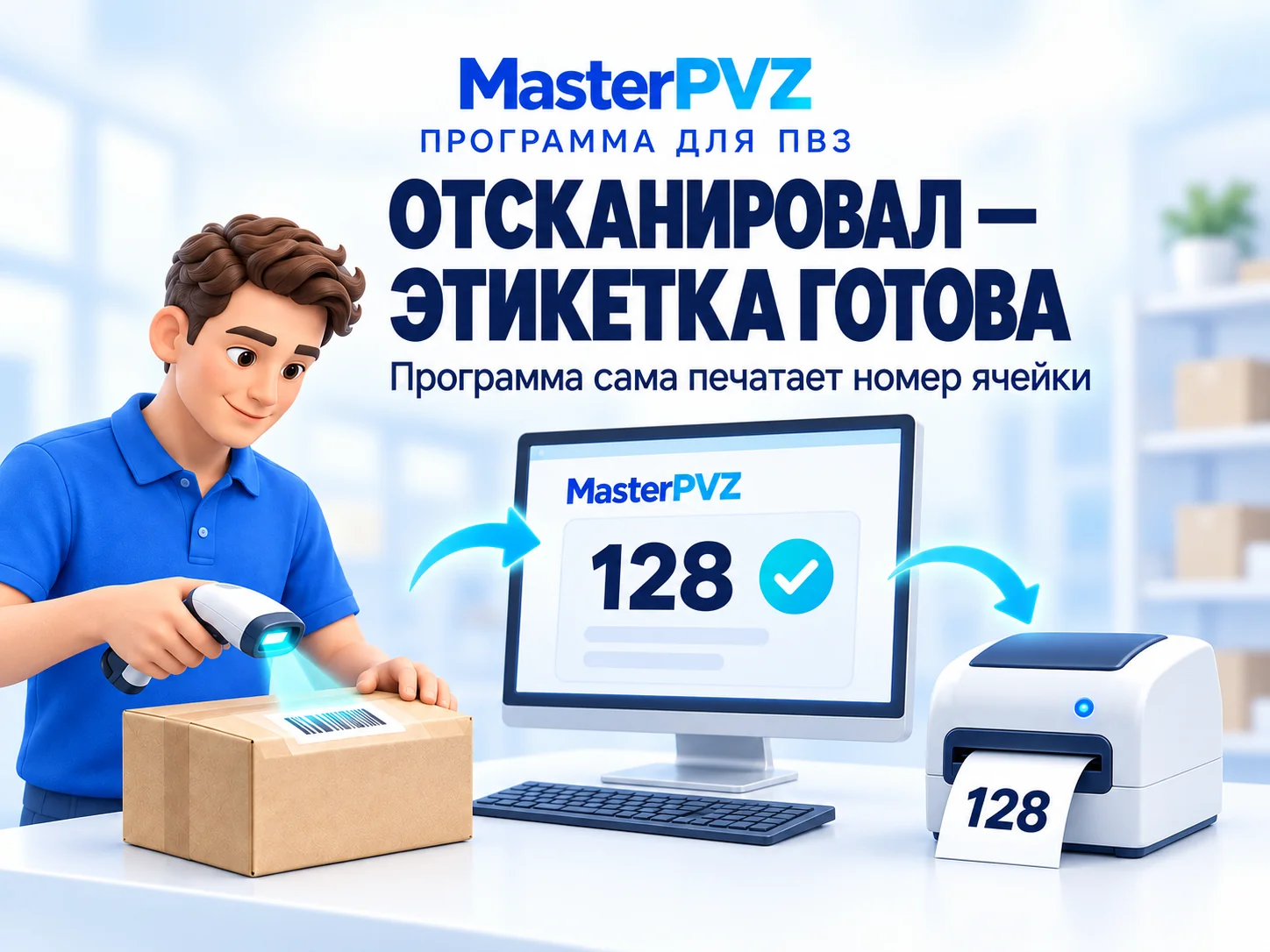 Иллюстрация работы MasterPVZ: сотрудник сканирует посылку, принтер печатает номер ячейки